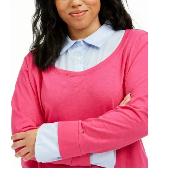 Tommy Hilfiger Women’s 1X Layered Collared Top Pink Blue Striped Preppy Casual - Picture 3 of 16